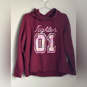 Women’s Burgundy “Fighter 01” Graphic Pullover Hoodie Relaxed Fit Size Large